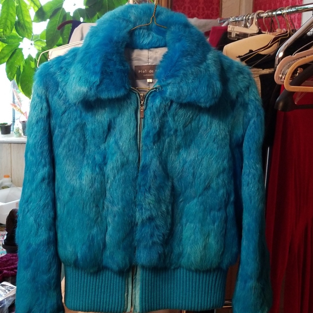 Turquoise blue fur jacket